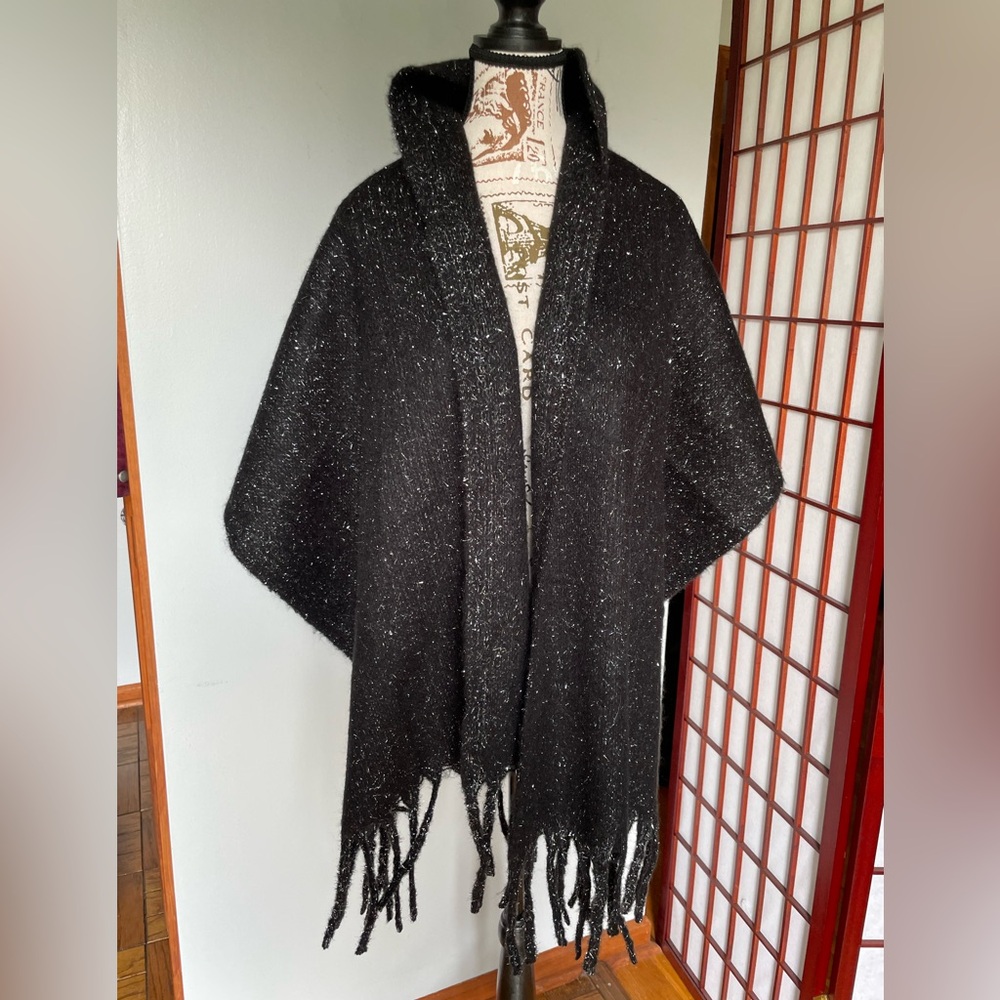 Madden Girl Black Sparkle Knit Shawl with Fringe